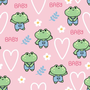 Şirin kurbağaların kusursuz desenleri büyük bir kalp ve çiçekli tulumları pembe arka planda giyerler. Sürüngen hayvanlar. Bebek kıyafetleri. Kawai Vector..