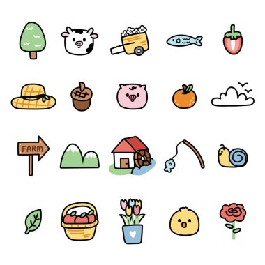 Çiftlik konseptindeki şirin hayvan ve doğa seti. Karikatür el çizimi kolejler. İnek, domuz, tavuk. Ağaç ve çiçek..