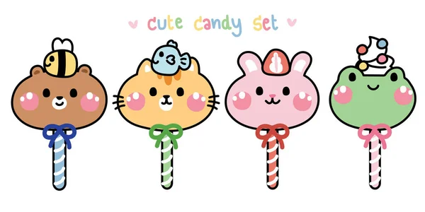 Zestaw Słodkich Zwierząt Candy Cartoon Sweet Deser Kolekcje Bear Kot — Wektor stockowy