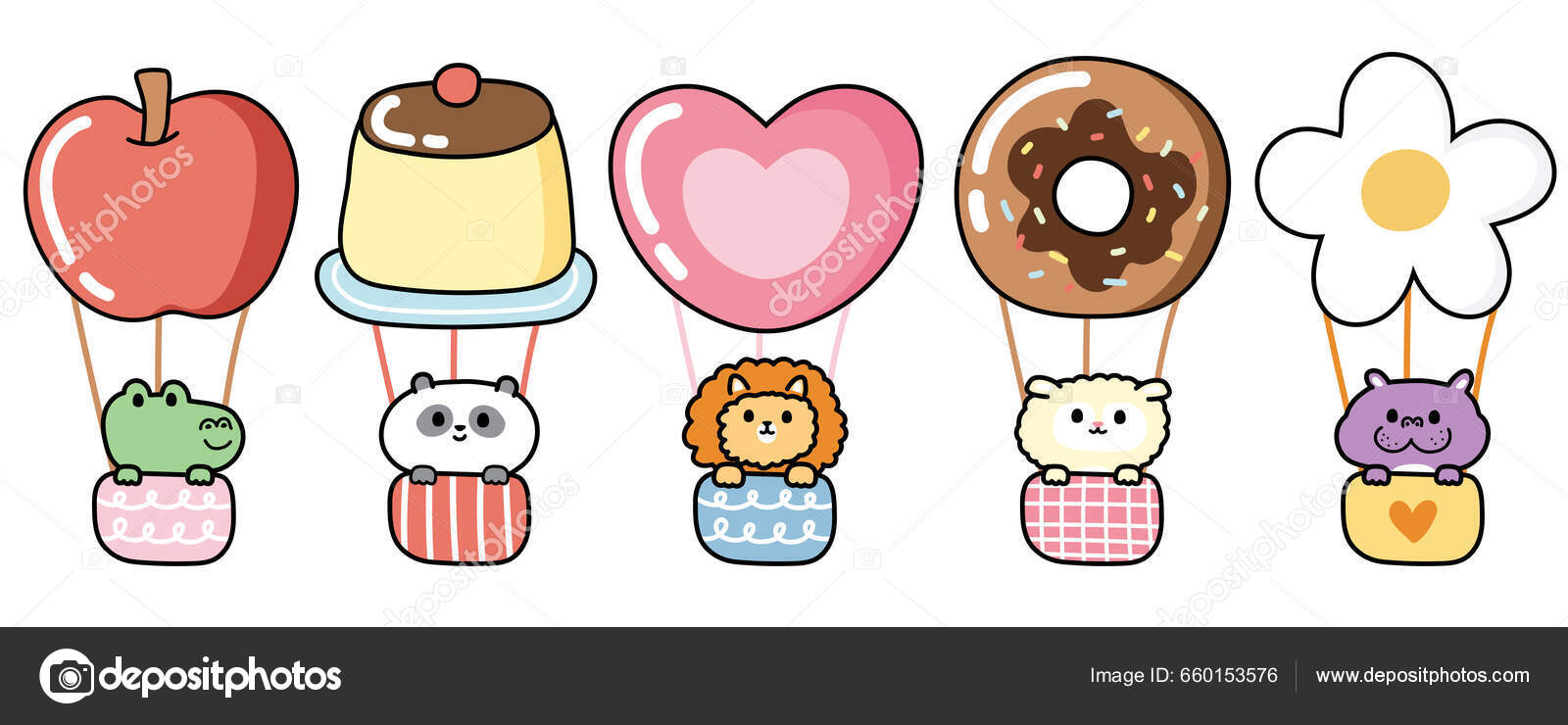 一组可爱的动物保持着各种形状的气球漫画野生的和农场的动物甜甜圈花手牵拉图库矢量图©ma_nud_sen 660153576, image size:1600x740