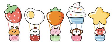 Sevimli hayvanlar çeşitli şekillerde balon karikatürlerinde kalırlar. Vahşi ve çiftlik hayvanları. Trawberry, havuç, yumurta, kek, yıldız eli çizimi..