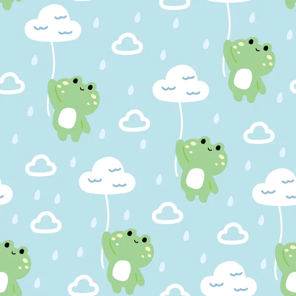 Płynny Wzór Cute Frog Trzymać Balon Kształt Chmury Niebie Deszczowe — Wektor stockowy