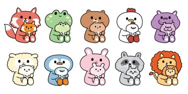 Bir çift şirin hayvan kucaklama bebeği beyaz arka planda oturur. Vahşi, çiftlik, evcil hayvan karakteri çizgi film tasarımı. İzole edilmiş. Bebek kıyafetleri..