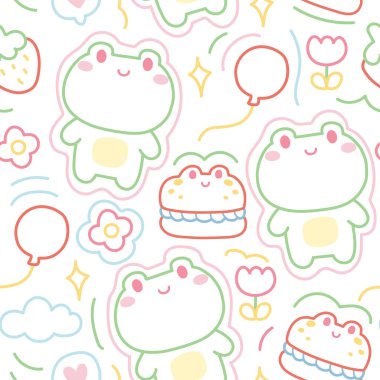 Beyaz arka planda kusursuz şirin kurbağa deseni ve küçük bir ikon. Sürüngen hayvan. Macaron kurbağa şekli. Çiçek, balon, bulut el çizimi..