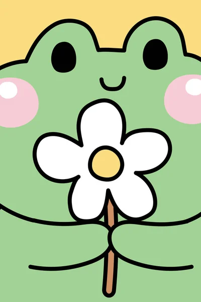 かわいいカエルは黄色の背景に花を保持します 爬虫類動物のキャラクター漫画のデザイン カード ポスター 赤ちゃん製品 本カバーのための画像 — ストックベクタ