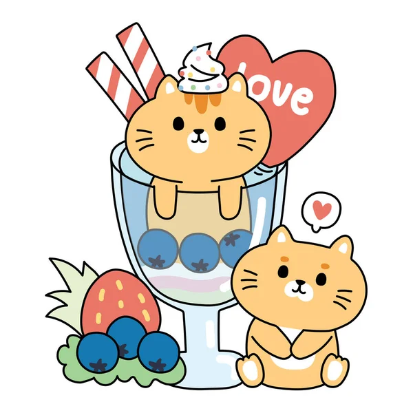 Kucing Lucu Tinggal Segelas Minuman Soda Blueberry Kartun Pada Background - Stok Vektor