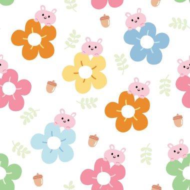 Rengarenk çiçekli şirin tavşanın kusursuz deseni, meşe palamudu ve beyaz arka planda yaprak. Vahşi hayvan karakteri tasarımı. Jungle. Bebek kıyafetleri. Kawai..