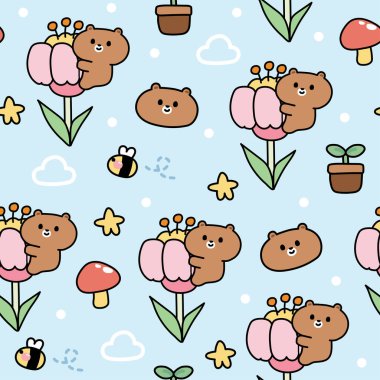 Mavi arka planda küçük bir ikona sahip, kusursuz bir oyuncak ayı deseni. Vahşi hayvan karakteri tasarımı. Mantar, arı, yıldız, bulut el çizimi..