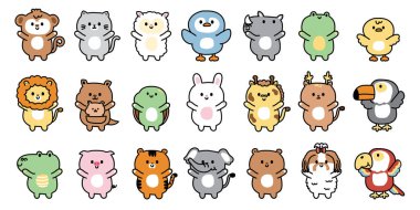 Tebrik eden sevimli hayvanlar beyaz arka planda duruyor. Çocuk grafiği. Vahşi, evcil hayvan, sürüngen, çiftlik hayvanı tasarım koleksiyonu..