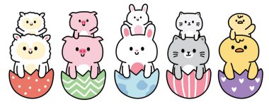 Sevimli hayvanlar yumurtanın içinde kalır. Anne ve çocuk. Çiftlik ve evcil hayvan el yapımı koleksiyonu. Hayvanat bahçesi karakter tasarımı..