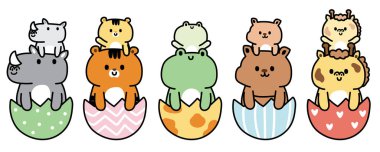 Sevimli hayvanlar yumurtanın içinde kalır. Vahşi ve sürüngen koleksiyonu. Anne ve çocuk. Hayvanat bahçesi hayvan karakteri tasarımı..