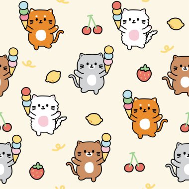 Tatlı kedi dondurmasının kusursuz deseni. Meyveli dondurma. Kirazlı, çilekli, limonlu, çocuk kıyafetleri. Miyav aşığı..
