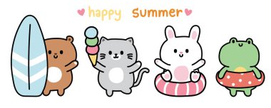 Mutlu yaz konseptinde şirin bir hayvan seti. Deniz ve kumsal. Ayı, kedi, tavşan, kurbağa el çizimi..