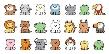 Arka planda bir sürü sevimli hayvan oturuyor. Çizgi film çocuğu el çizimi. Vahşi, çiftlik, evcil hayvan, sürüngen hayvan tasarımı..