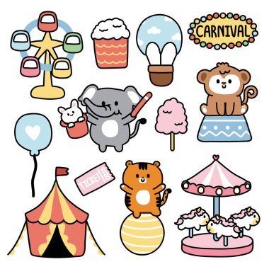 Lunaparktaki ve karnavaldaki sevimli hayvanlar. Farris Tekerleği. Balon. Kaplan, fil, maymun eli çizimi..