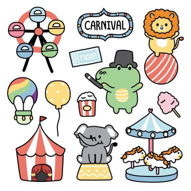 Lunaparktaki ve karnavaldaki sevimli hayvanlar. Farris Tekerleği. Balon. Aslan, timsah, fil eli çizilmiş..