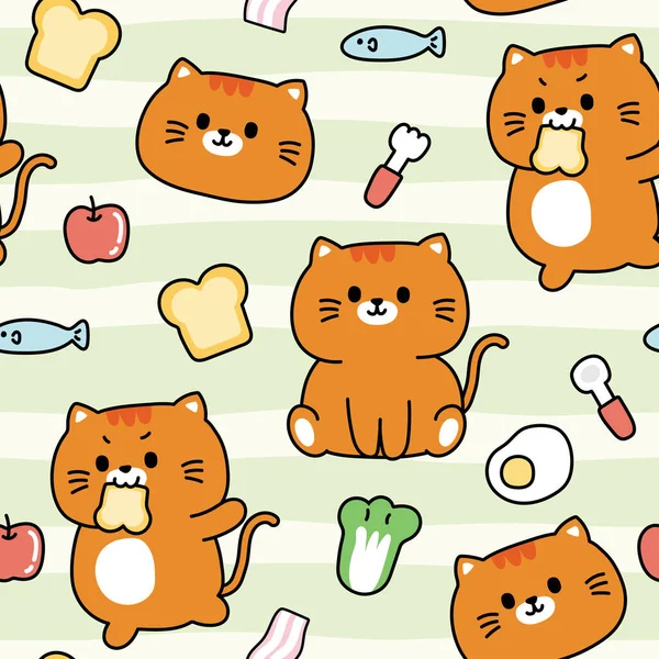 Seamless Pattern Cute Cat Tiny Icon Pastel Background Breakfast Fast — стоковый вектор