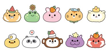 Kafasında küçük bir simge olan sevimli baş hayvanları. Hayvan karakteri çizimi. Vahşi, çiftlik, evcil hayvan eli çizimi. Yüz koleksiyonu..