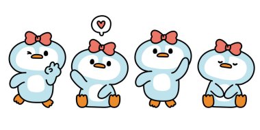 Beyaz arka planda kurdeleli şirin penguen seti. Kuş hayvan karakteri çizimi. İzole edilmiş. Kawai Vector..