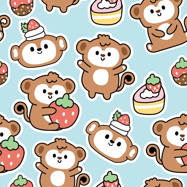 Seamless Pattern Cute Monkey Various Poses Strawberry Cake Sticker Blue — Stock Vector