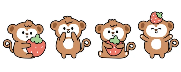 一组可爱的猴子 各种姿势下都有草莓卡通人物手绘 野生动物人物设计 — 图库矢量图片