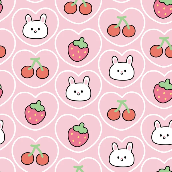 Seamless Pattern Cute Rabbit Face Fruit Heart Pink Background Bunny — Stock Vector