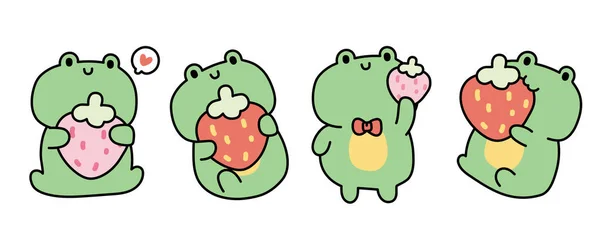 背景に様々なポーズでイチゴとかわいいカエル 爬虫類の動物のキャラクターデザイン — ストックベクタ