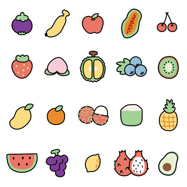 Set of cute icon fruit cartoon hand drawn.Food collection.Summer.Kid graphic design.Kawaii.Juice.Vector.Illustration.
