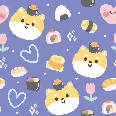 Pastel arka planda çeşitli suşisi olan kusursuz bir Shiba Inu köpeği deseni. Japon hayvan karakteri çizgi film tasarımı. Bebek kıyafetleri. Kawaii.Vector..
