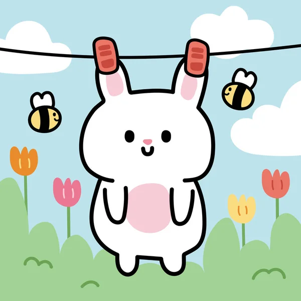 可爱的兔子卡通画挂在布线丛林和天空背景上 农场动物人物形象设计蜜蜂 云彩手绘 — 图库矢量图片