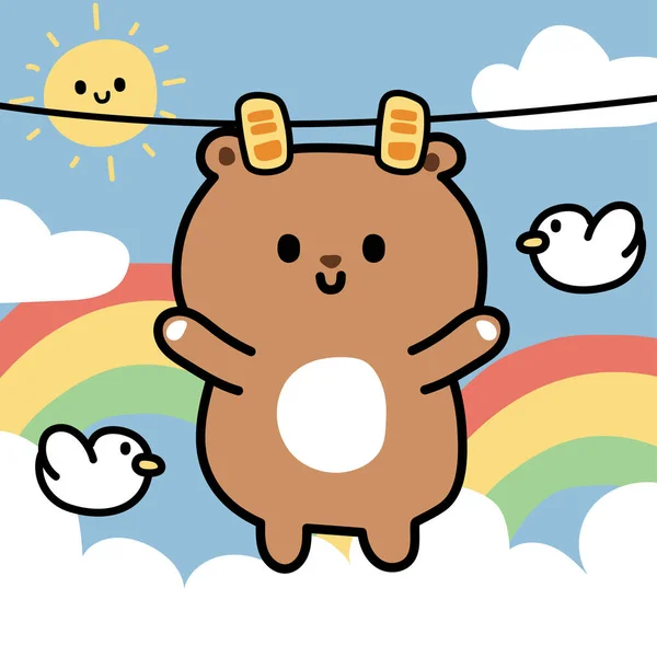 Cute Teddy Bear Cartoon Hang Cloths Line Rainbow Sky Background — Stock Vector