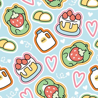 Çilekli, pastalı ve sütlü, kusursuz bir kurbağa deseni. Sürüngen hayvan karakteri tasarımı. Bebek kıyafetleri. Kawai Vector..