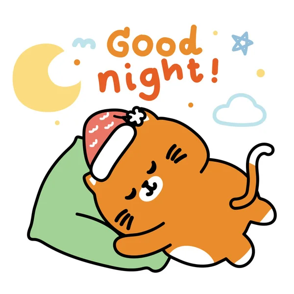 Roztomilý Kočičí Spánek Dobrou Noc Text Bílém Pozadí Domácí Zvíře — Stockový vektor