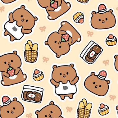 Pastanenin arka planında kusursuz şirin oyuncak ayı etiketi. Vahşi hayvan karakteri tasarımı. Ekmek, kurabiye, kek çileği çizimi. Kawai Vector..