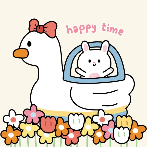 アヒルの花の背景にかわいいウサギ 動物のキャラクター漫画のデザイン 休日とリラックスした日 — ストックベクタ