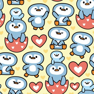 Sarı arka planda kalbi olan sevimli penguen deseni. Hayvan karakteri çizimi. Kuş. Aşk konsepti. Bebek kıyafetleri..
