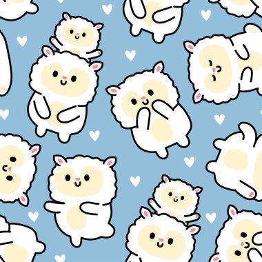 Mavi arka planda küçük kalbi olan sevimli koyunların kusursuz deseni. Çiftlik hayvanı karakteri çizimi. Bebek kıyafetleri. Kawai Vector..