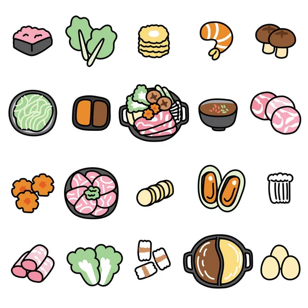 Set Cute Food Icon Shabu Cartoon Asian Food Hand Drawn — Stock Vector