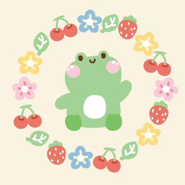 Şirin kurbağa daire şeklinde küçük bir karikatür el çizimi içinde oturur. Logo. Pastel rengi. Sürüngen hayvan. Kiraz, yaprak, çiçek, çilek..