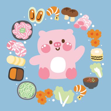 Tatlı domuz daire şeklinde küçük bir karikatür el çizimine oturur. Shabu yemek çerçevesi. Logo. Pastel rengi. Pastırma, havuç, mantar, sos, mısır, karides..