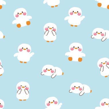 Mavi pastel arka planda kusursuz şirin ördek deseni. Çiftlik hayvanı karakteri çizimi. Kuş. Bebek kıyafetleri..