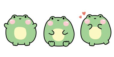 Çeşitli şekillerde şirin tombul kurbağa pozları. Sürüngen şişman hayvan karakteri çizimi. Kawaii.Kart, poster, etiket..