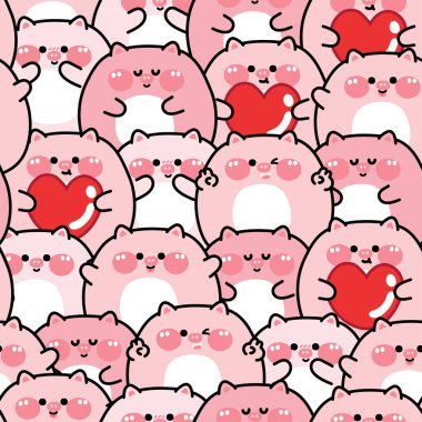 Tekrar ediyorum. Tombul şirin domuzun kusursuz desenli ve çeşitli pozları var. Komik çiftlik hayvanı karakteri çizimi. Bebek kıyafetleri. Kawai Vektörü..