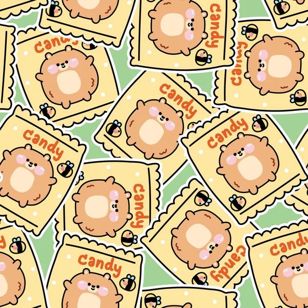 かわいいキャンディーチュービーベアパッケージのシームレスなパターン 野生動物キャラクター漫画のデザイン おかしいテディ フード ダサート ツイート Kawaii Vector Illustration — ストックベクタ