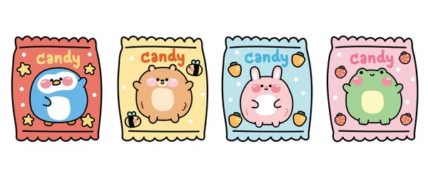 Conjunto Animales Lindos Paquete Caramelos Diseño Dibujos Animados Personajes Animales — Vector de stock