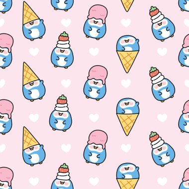 Dondurmalı tatlı tombul penguen ve kalpli tatlı konsepti. Kuş komik hayvan karakteri çizimi. Kawai Vector. İllüstrasyon..