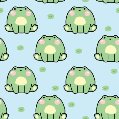 Şirin tombul kurbağanın kusursuz deseni yaprak arkası olan nehirde oturur. Sürüngen komik hayvan karakteri çizimi. Bebek kıyafetleri..