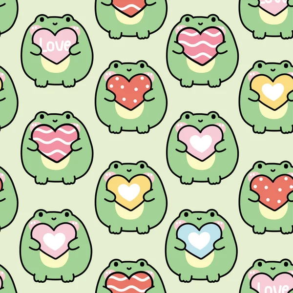 Bezešvé Vzor Roztomilé Baculaté Žába Držet Různé Srdce Zeleném Pozadí — Stockový vektor