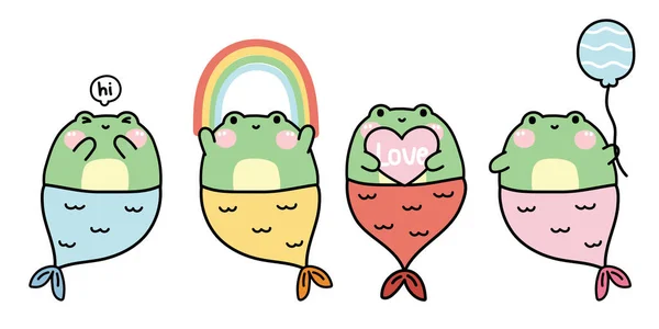 さまざまなポーズで人魚の衣装とかわいいチャビーカエルのセット 愛と幸せなコンセプト おかしい爬虫類動物キャラクター漫画デザイン Kawaii Vector Illustration — ストックベクタ