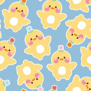 Başında çiçek olan kusursuz bir tavuk deseni. Çiftlik hayvanı karakteri çizimi. Kawaii Vector. İllüstrasyon..